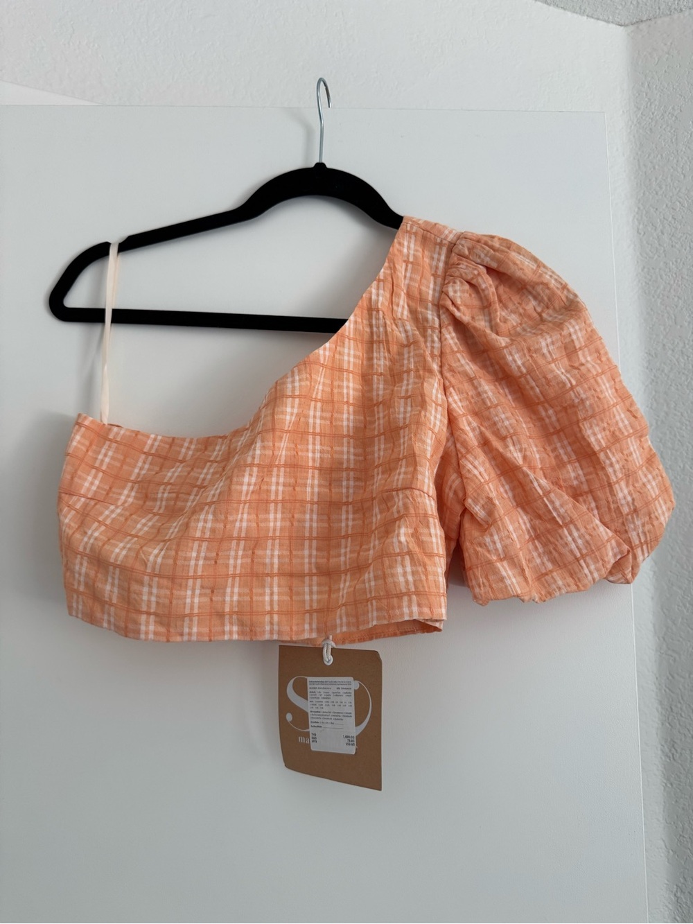 Asymmetrical Puff-Sleeve Plaid Crop Top in Peach